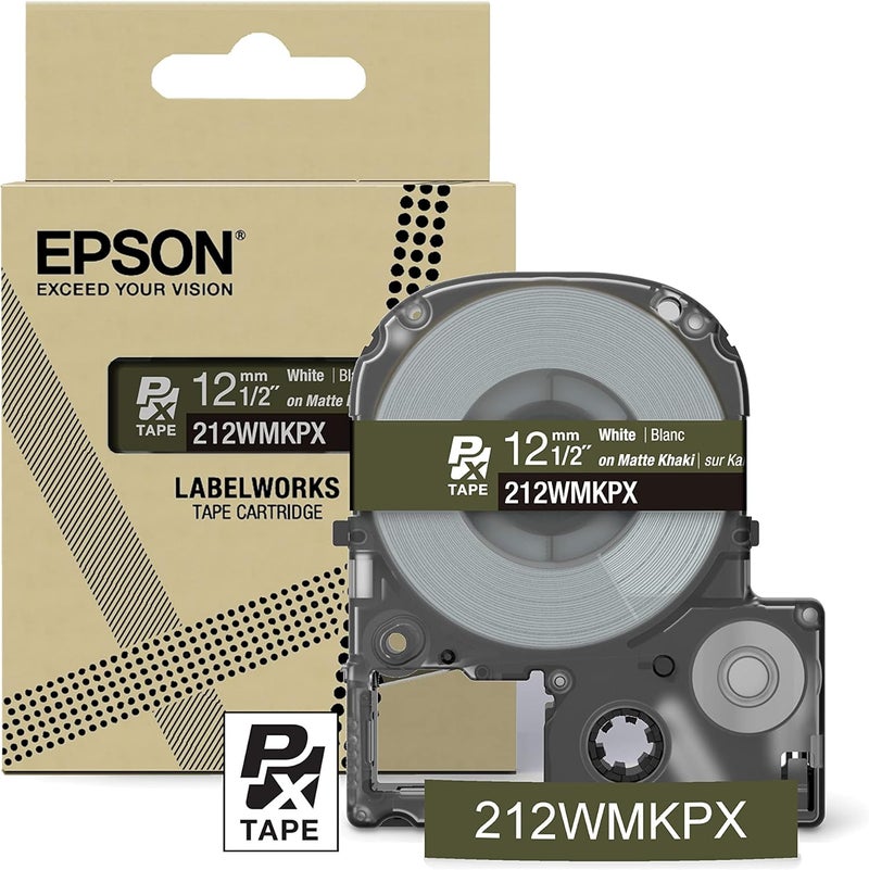 LABELWORKS Epson 212WMKPX Genuine PET (Polyester) Tape Cartridge - White on Matte Khaki Designer Craft Label Maker Tape - 1/2" (12MM) Wide, 26' - Image 1